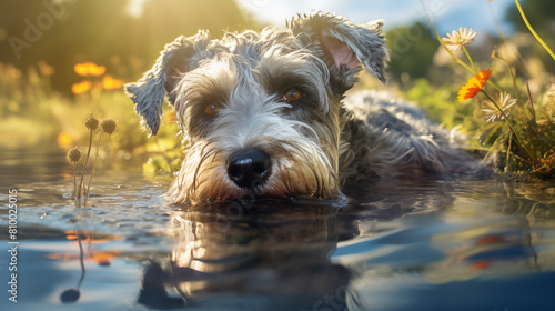 Double Exposure, white background of a Schnauzer in a pond illustration ~ Created using Generative AI