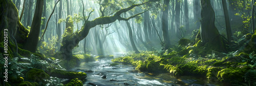 A narrow stream winding through a dense, misty forest, with rays of sunlight piercing through the canopy above