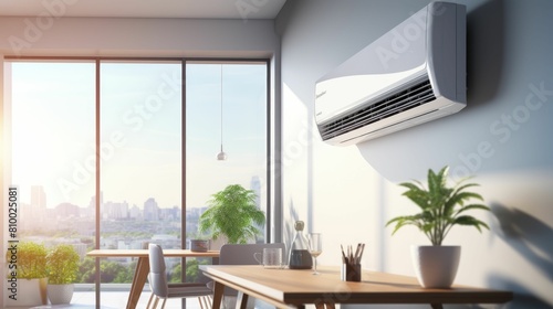  a sleek air conditioner unit in a sunlit room, casting a cool shadow against a backdrop of a city suffering a heatwave