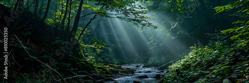 A narrow stream winding through a dense, misty forest, with rays of sunlight piercing through the canopy above