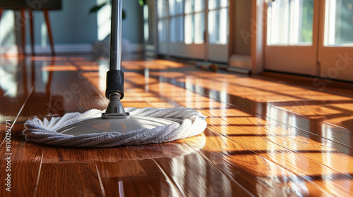 A mop head sweeping across a wooden floor, cleaning service and housework concept.
