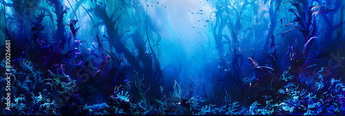 A panoramic view of a kelp forest at dusk, capturing the moment the underwater world transitions into twilight with a gradient of blue and purple hues