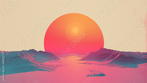 Minimalist surreal landscape concept background poster. Boho style horizontal banner. Sunset or dawn, sunrise, sea, waves, mountains. Digital illustration, photo style. AI artwork.
