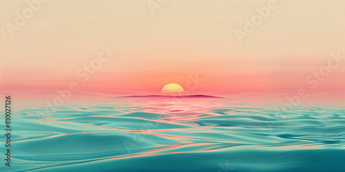 Minimalist surreal landscape concept background poster. Boho style horizontal banner. Sunset or dawn, sunrise, sea. Digital illustration, photo style. AI artwork.