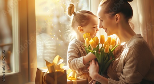 Happy Mother's day concept. Little daughter hugging her mother and gives her a bouquet of flowers tulips at home.