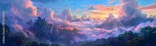 A panoramic view of a vast cloud forest at sunset, with vibrant colors painting the sky and the clouds hanging low over the treetops