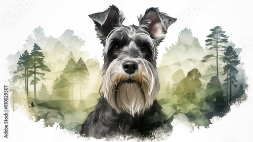 Double Exposure, white background of a Schnauzer in front of a forest illustration ~ Created using Generative AI