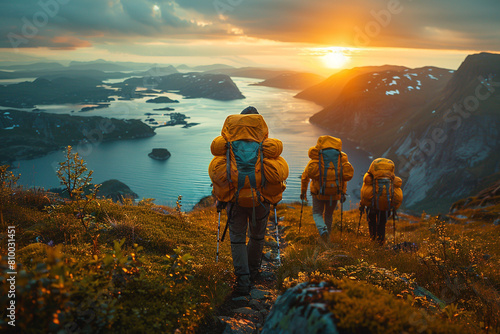 a group of tourists with backpacks walk along beautiful mountain ranges in Norway
