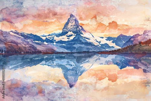 Watercolor painting of the Matterhorn mountain with a lake in the foreground