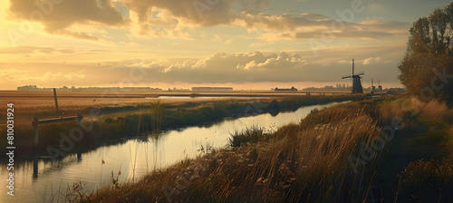 A panoramic view of a polder during golden hour, highlighting the long shadows and warm light on the flat fields and distant windmills
