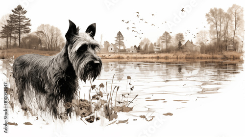 Double Exposure, white background of a Schnauzer in front of a pond illustration ~ Created using Generative AI
