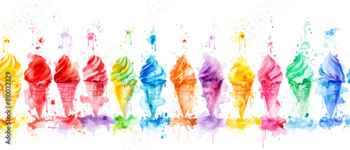Seamless pattern of watercolor ice cream cones. Multicolored assorted frozen sweet dessert. Melted ice cream with streaks. White background. Wallpaper, banner concept.