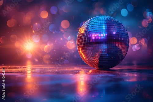 Captivating disco ball illuminated by sunset-like light on a reflective surface with a bokeh background