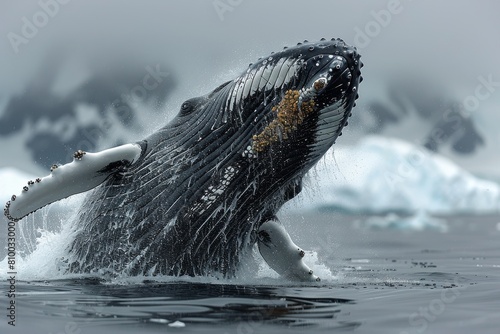 A powerful humpback whale breaches, water cascading off its baleen plates against a moody Arctic background