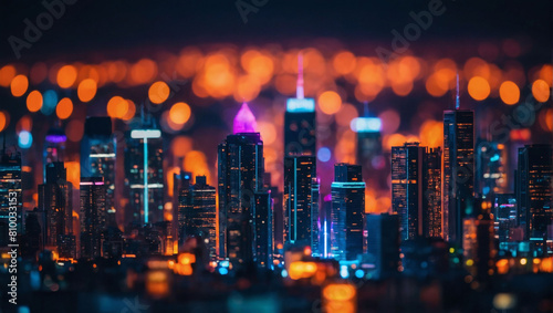 Glowing Cityscape, Blurred Neon Lights Background in Bokeh Style, Futuristic Aura
