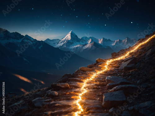 Glowing Journey, Path to the Top of Futuristic Mountain, Evoking Adventure and Wonder