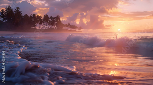 A panoramic view of a subtropical coastline at sunrise, with gentle waves lapping against the shore and palm trees silhouetted against the sky