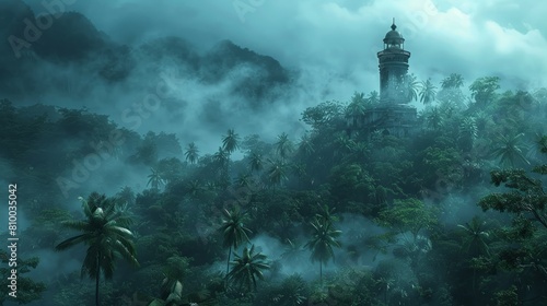 Hidden lighthouse in a foggy rainforest clearing, evoking a sense of isolation and mystery.