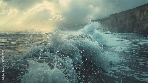 High waves surging towards rugged cliffs, splashing water droplets illuminated by a cloudy sky.