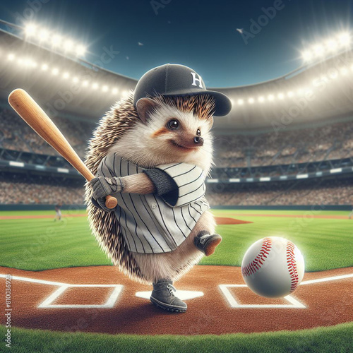 Hedgehog baseball player hits the ball with a bat