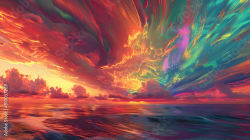 A panoramic view of the stratosphere over a serene ocean at sunset, capturing the vibrant interplay of colors and clouds