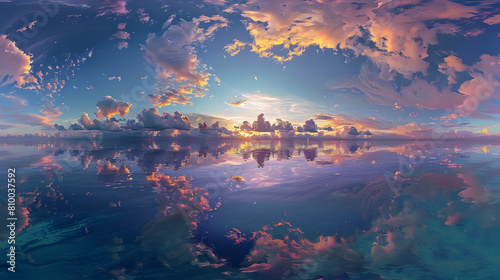 A panoramic view of the stratosphere over a serene ocean at sunset, capturing the vibrant interplay of colors and clouds