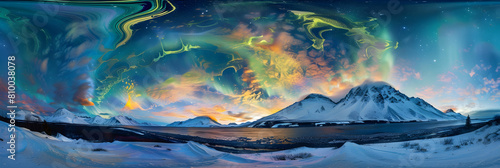 A panoramic view of the magnetosphere disturbances causing a spectacular aurora borealis over a snowy mountain range