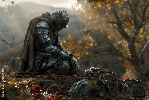 A man in armor kneeling on a rocky surface. Suitable for historical and fantasy themes