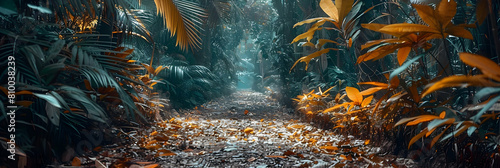 A pathway through a dense tropical forest, the ground covered with fallen leaves and the air filled with the sounds of wildlife