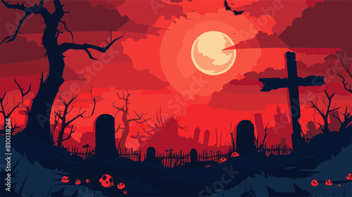 Haunted house on a hill with flying bats and a large moon on an red Halloween night 