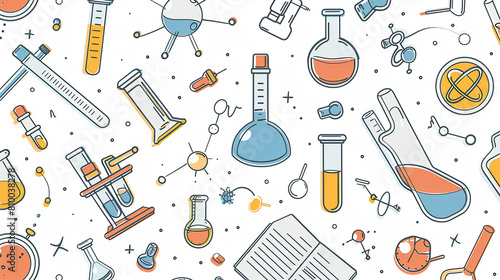 A white background with cartoon illustrations of scientific experiment equipment in the center.