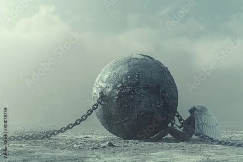 Large metal ball on a sandy beach, suitable for industrial or beach-related concepts