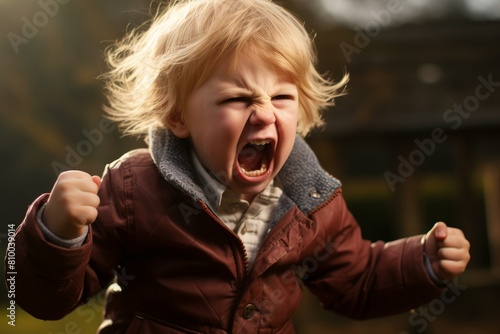 Young child outdoors with a furrowed brow and mouth open, expressing a temper tantrum