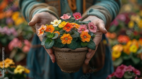 Gardener holding a pot of vibrant primroses