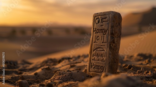 Ancient Inscribed Clay Tablet with Harmony Word on Desert Sand Dunes