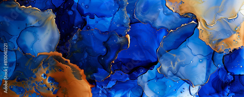 Modern abstract in shades of cobalt blue and amber, alcohol ink with textured oil paint.