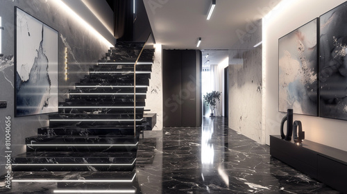 Modern entryway with a jet black marble staircase LED strip lights and monochrome abstract paintings