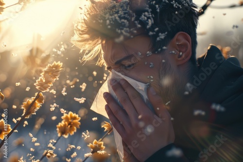 A man blowing his nose in a field of colorful flowers. Ideal for health and allergy-related concepts