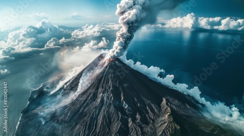 large active volcano with a large smoke trail panoramic aerial view