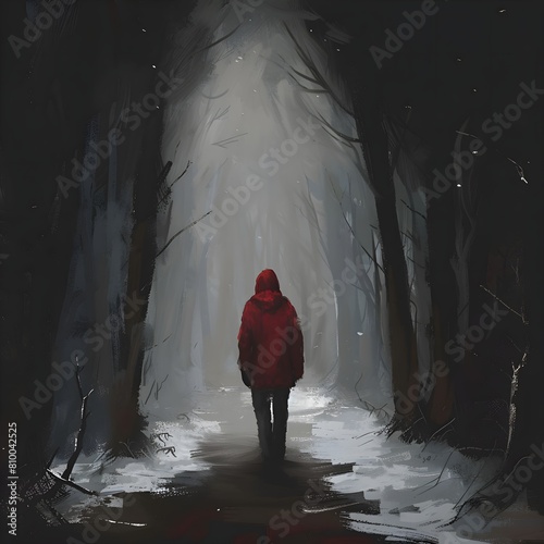 Lone figure in red with hood on forest road, dim light, bare trees, atmospheric perspective.