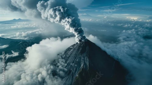 large active volcano with a large trail of smoke panoramic aerial view in high resolution and quality