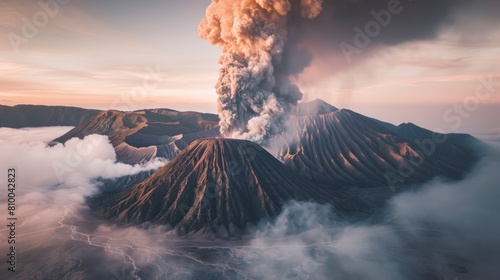 large active volcano with a large trail of smoke on a sunset in high resolution