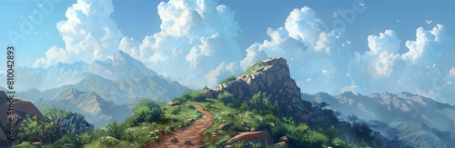 A rugged upland terrain with a narrow path winding through steep slopes, under a bright, expansive blue sky