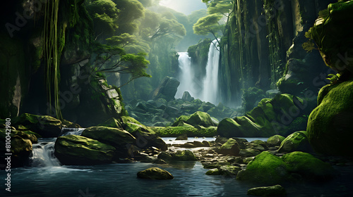A tranquil waterfall cascading down moss-covered rocks, creating a serene oasis within the depths of the jungle.