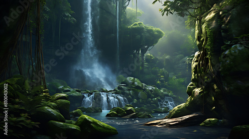 A tranquil waterfall cascading down moss-covered rocks, creating a serene oasis within the depths of the jungle.