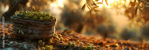 A rustic wooden basket filled with freshly harvested olives, placed on the ground of an olive farm during the golden hour