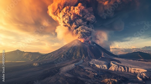 large active volcano with a large trail of smoke at sunset in high resolution and high quality. concept nature, landscape, volcano
