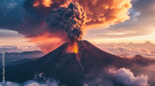 large active volcano with a large trail of smoke at sunset in high resolution and high quality. concept nature, landscape, volcano, explosion