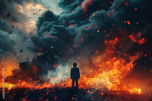 A person stands in front of a burning forest