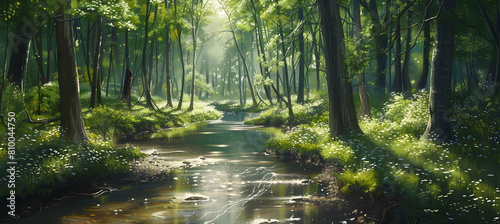 A serene creek winding through a lush green forest, sunlight filtering through the leaves, creating patterns on the water's surface